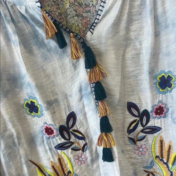 John•Mark Sz Small Embroidered Blue and White 3/4 Sleeve Boho Blouse - Picture 5 of 12